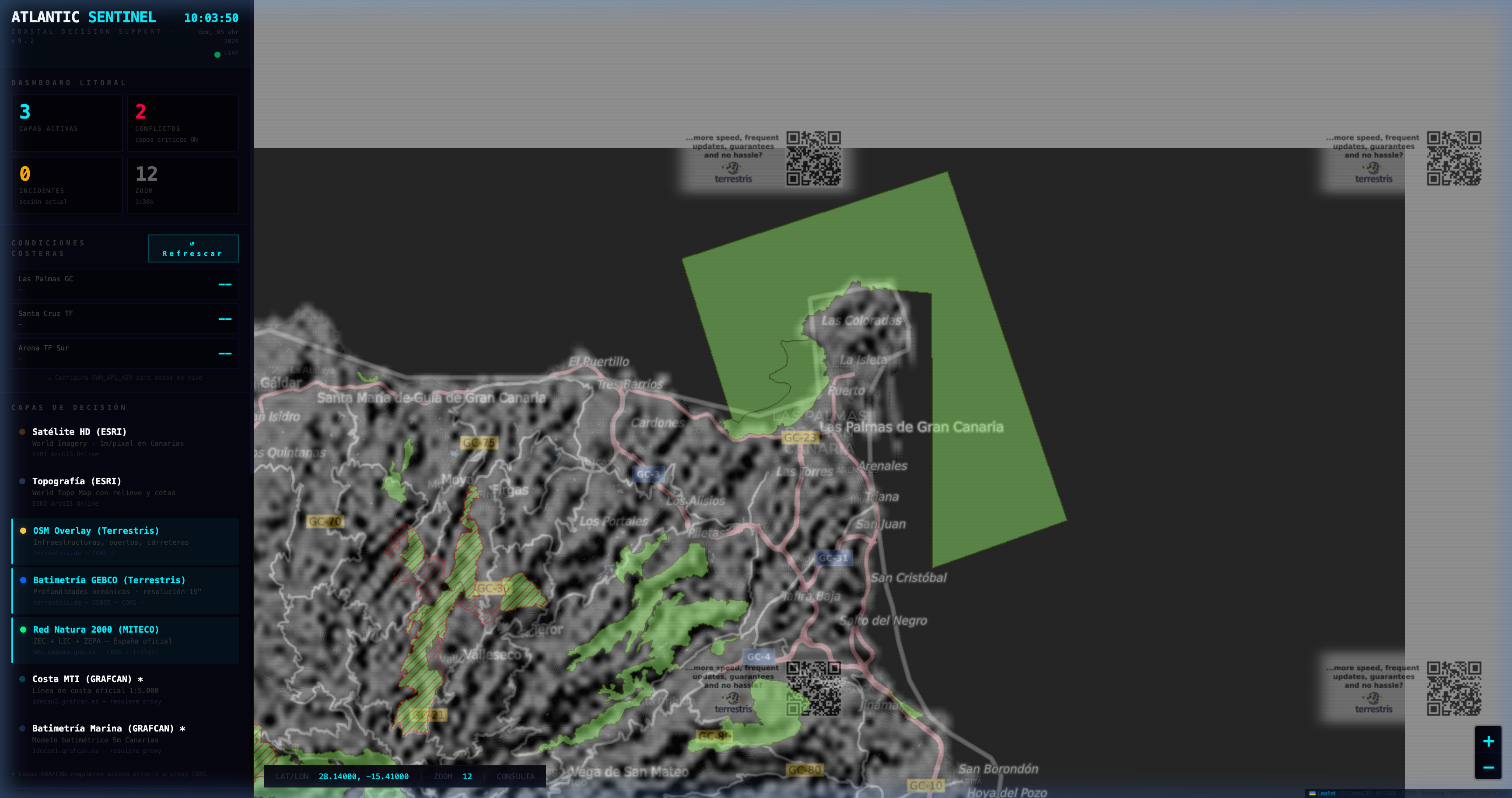 Dashboard Atlantic Sentinel: Vigilancia del litoral canario con datos de Red Natura 2000 y Batimetría
